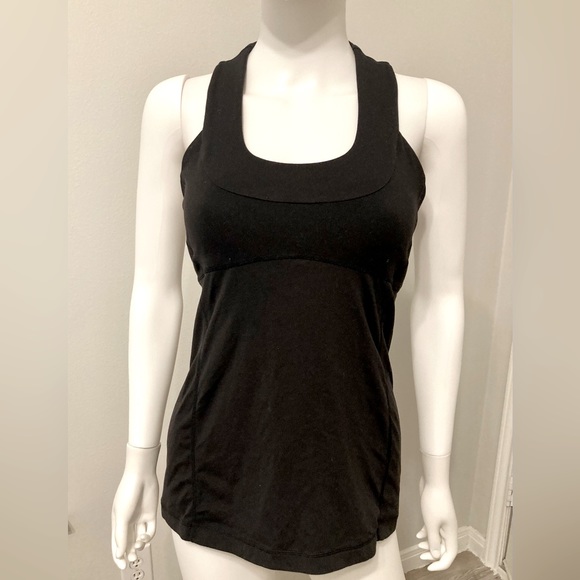 Lululemon Black Scoop Neck Tank Top Built In Bra Mesh Racerback SZ - 8 - Picture 5 of 6